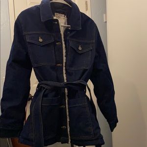 Denim Shearling Coat With Belt